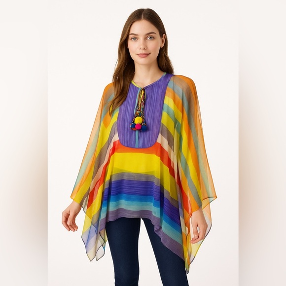 Petit Pois Viviana G Sheer Mesh Poncho XS | Striped Beaded Pom Pom Boho Top - Picture 1 of 11